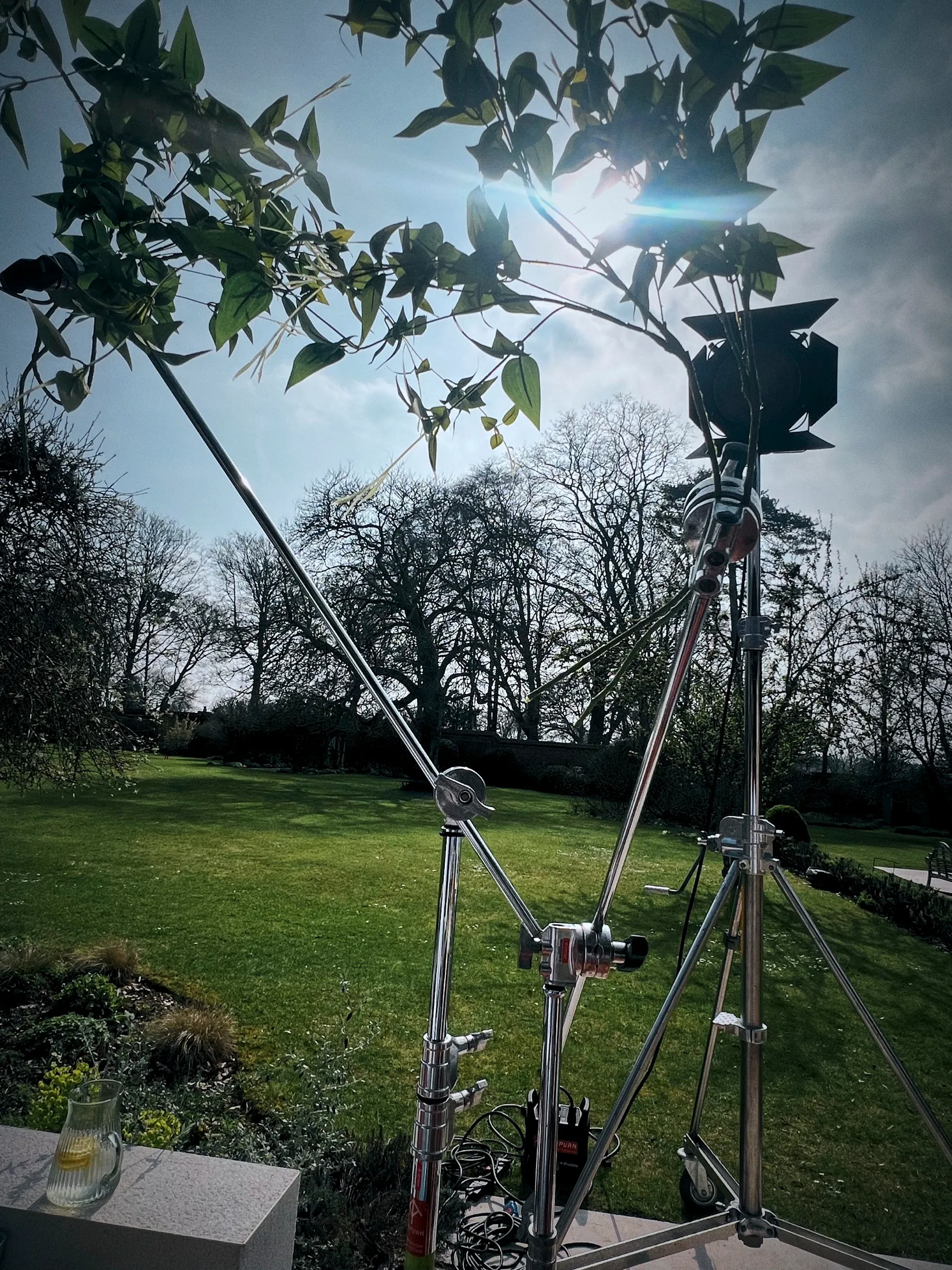 Lighting set up to fake a golden evening on the Waitrose summer shoot in Winchester.